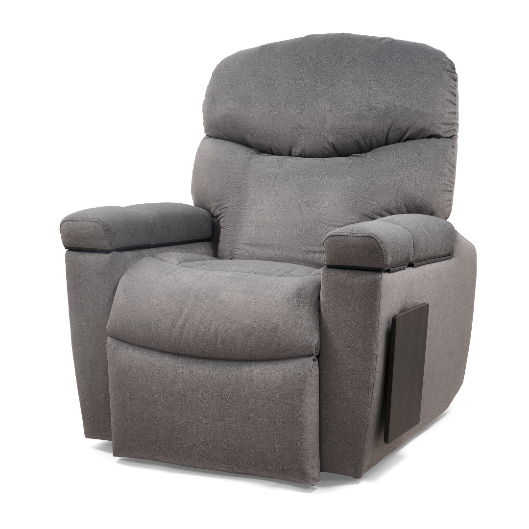 Golden Tech PR525 Cloud+ Recliner with Lift Assist & Twilight, upholstered in gray, features ergonomic design, padded armrests, plush backrest, and a side pocket, shown against a plain white background.